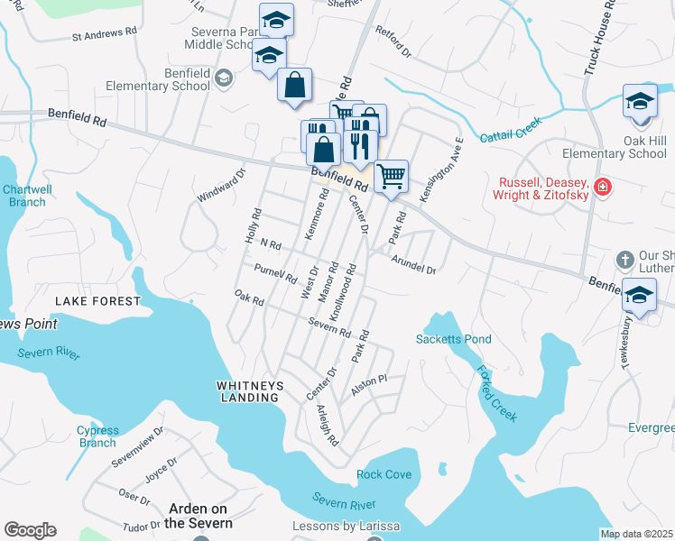 map of restaurants, bars, coffee shops, grocery stores, and more near 557 Manor Road in Severna Park