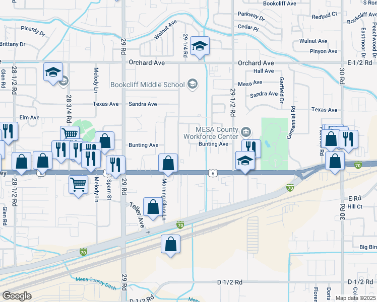 map of restaurants, bars, coffee shops, grocery stores, and more near 2929 Bunting Avenue in Grand Junction