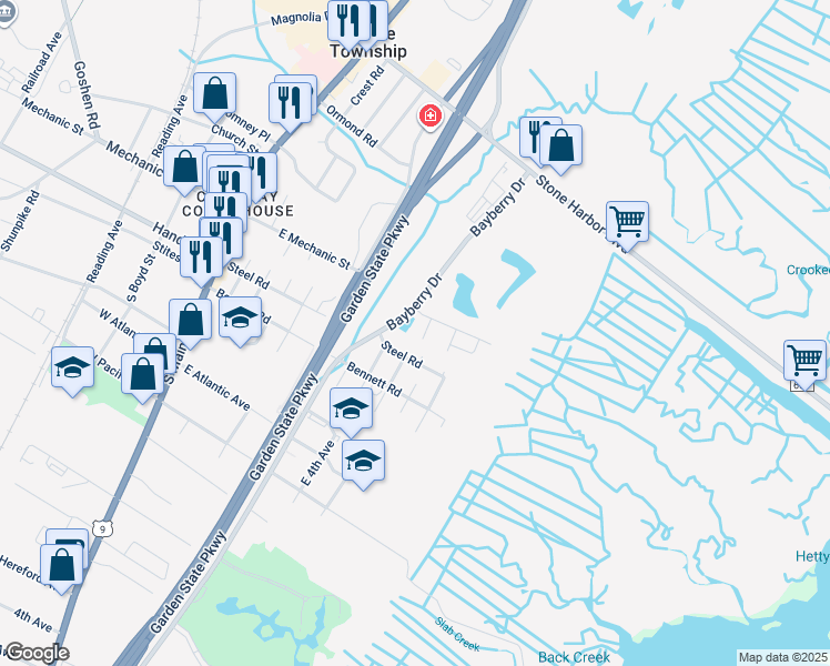 map of restaurants, bars, coffee shops, grocery stores, and more near 1 Sanderling Court in Middle Township