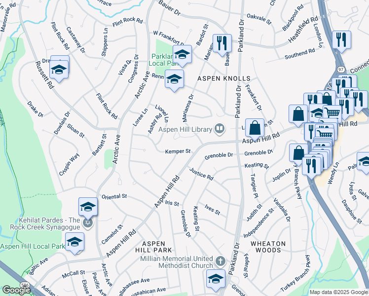 map of restaurants, bars, coffee shops, grocery stores, and more near 4607 Kemper Street in Rockville