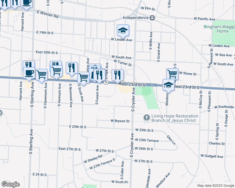 map of restaurants, bars, coffee shops, grocery stores, and more near 1315 West 23rd Street South in Independence