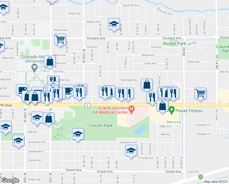 map of restaurants, bars, coffee shops, grocery stores, and more near 1822 Bunting Avenue in Grand Junction