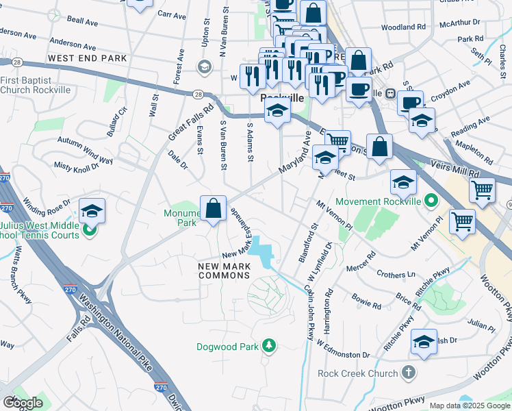 map of restaurants, bars, coffee shops, grocery stores, and more near 14 West Argyle Street in Rockville