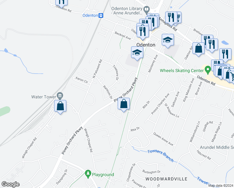 map of restaurants, bars, coffee shops, grocery stores, and more near 519 Realm Court East in Odenton