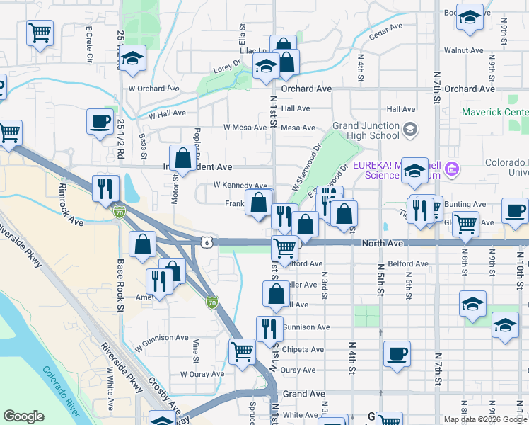 map of restaurants, bars, coffee shops, grocery stores, and more near 1309 North 1st Street in Grand Junction