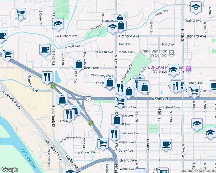map of restaurants, bars, coffee shops, grocery stores, and more near in Grand Junction