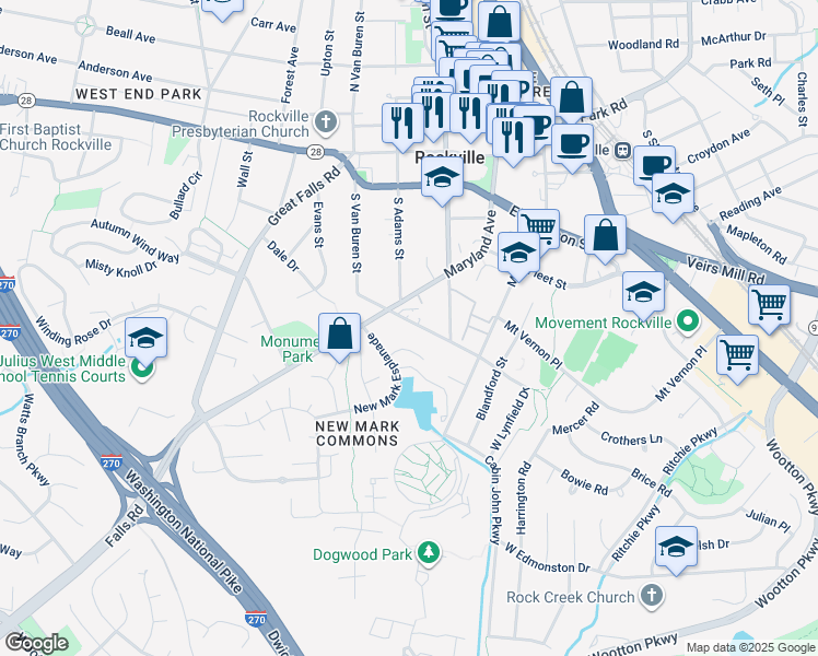 map of restaurants, bars, coffee shops, grocery stores, and more near 14 West Argyle Street in Rockville