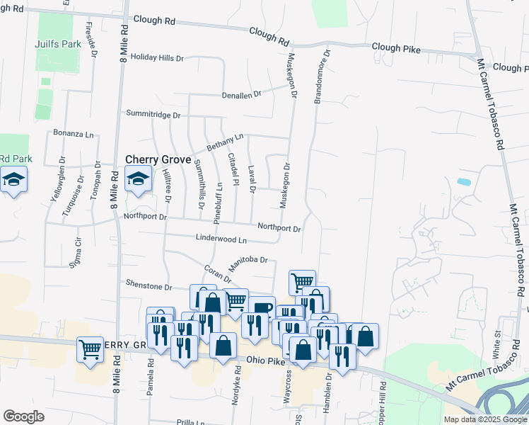 map of restaurants, bars, coffee shops, grocery stores, and more near 8676 Fordham Court in Cincinnati