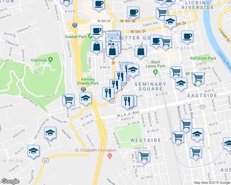 map of restaurants, bars, coffee shops, grocery stores, and more near 917 Main Street in Covington