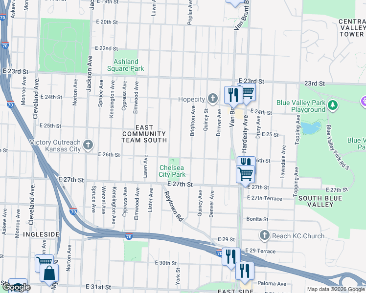 map of restaurants, bars, coffee shops, grocery stores, and more near 2507 Poplar Avenue in Kansas City