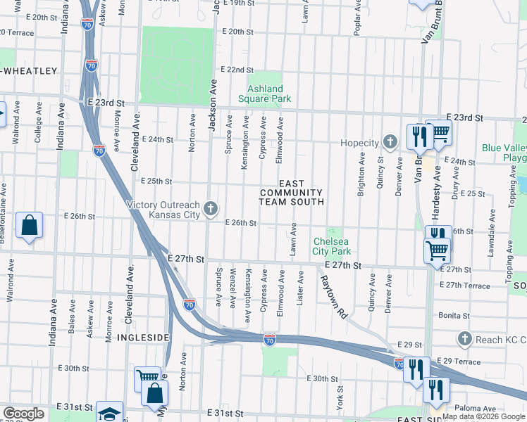 map of restaurants, bars, coffee shops, grocery stores, and more near 2512 Elmwood Avenue in Kansas City