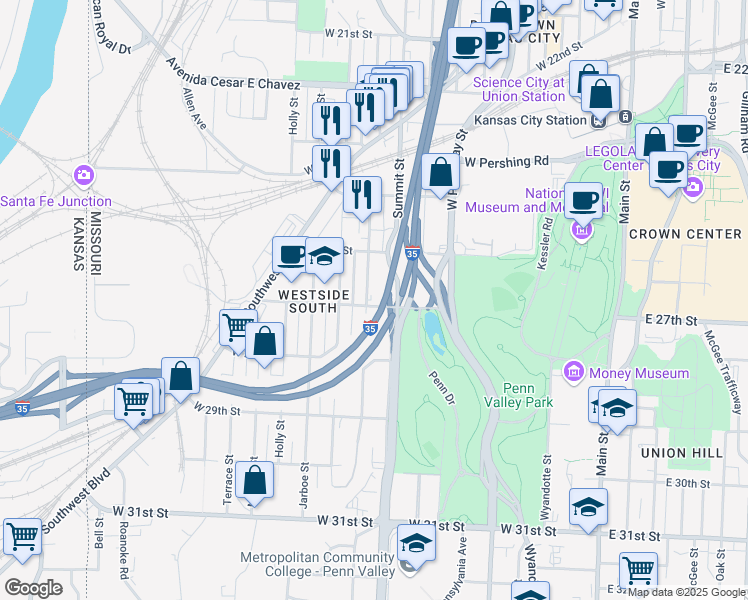 map of restaurants, bars, coffee shops, grocery stores, and more near 2633 Madison Avenue in Kansas City