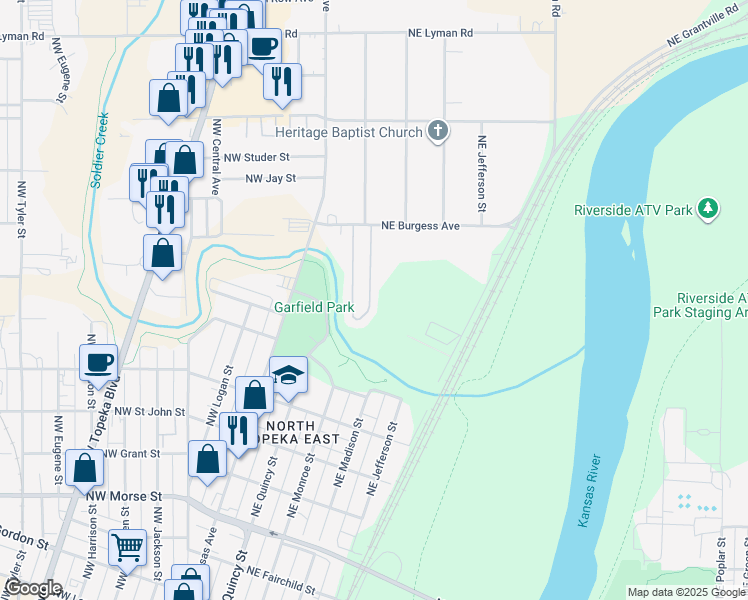 map of restaurants, bars, coffee shops, grocery stores, and more near 113 Northeast Burgess Street in Topeka