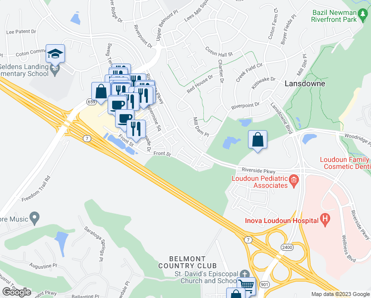 map of restaurants, bars, coffee shops, grocery stores, and more near 43672 Chicacoan Creek Square in Leesburg