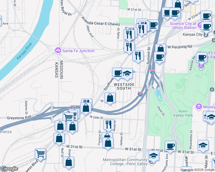 map of restaurants, bars, coffee shops, grocery stores, and more near in Kansas City
