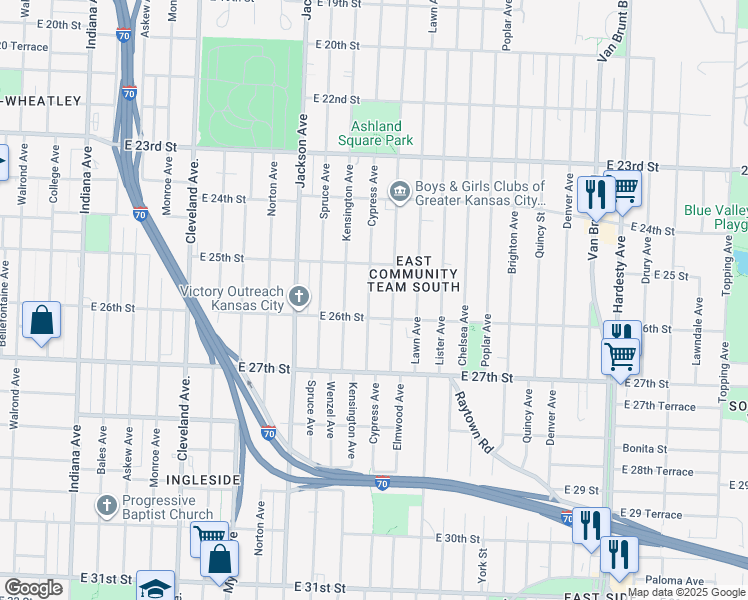 map of restaurants, bars, coffee shops, grocery stores, and more near 2512 Elmwood Avenue in Kansas City