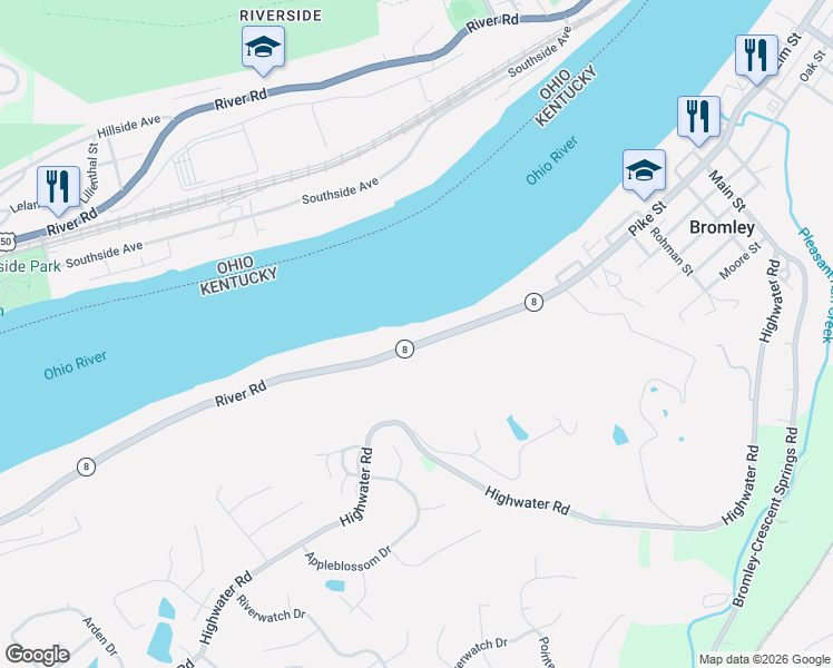map of restaurants, bars, coffee shops, grocery stores, and more near 464 River Road in Villa Hills