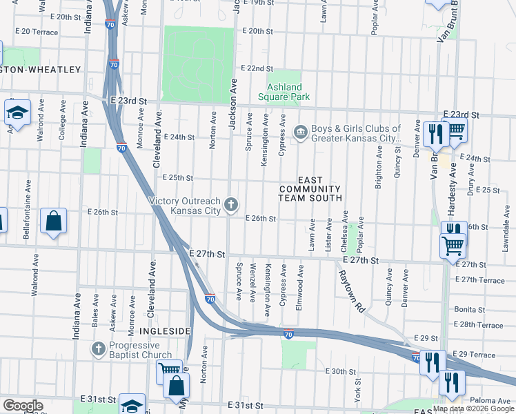map of restaurants, bars, coffee shops, grocery stores, and more near 2515 Kensington Avenue in Kansas City