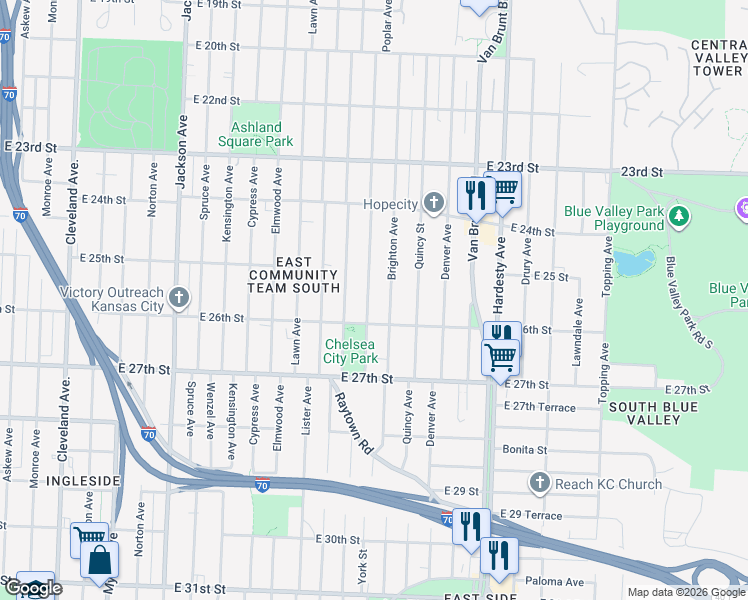 map of restaurants, bars, coffee shops, grocery stores, and more near 2507 Poplar Avenue in Kansas City