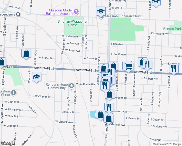 map of restaurants, bars, coffee shops, grocery stores, and more near 202 West 23rd Street South in Independence