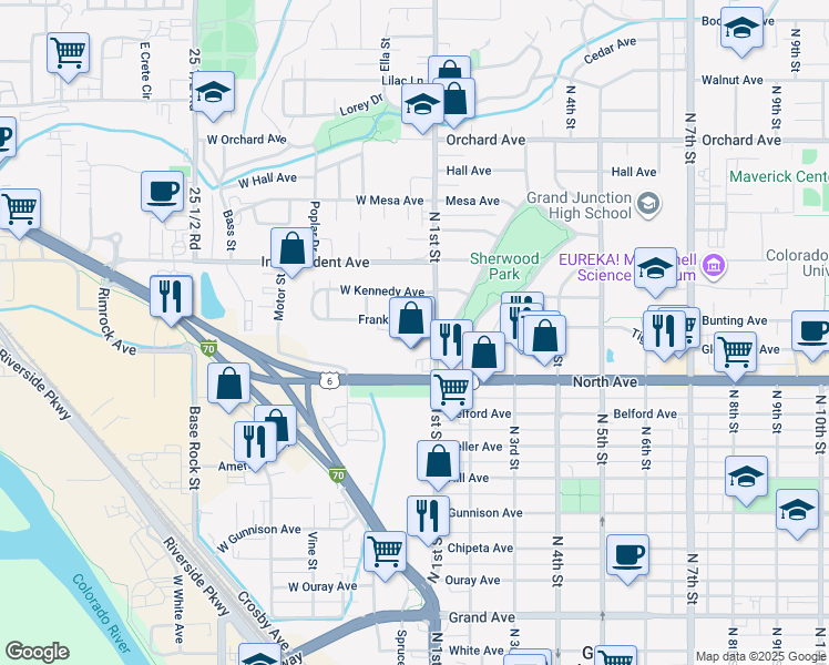 map of restaurants, bars, coffee shops, grocery stores, and more near in Grand Junction