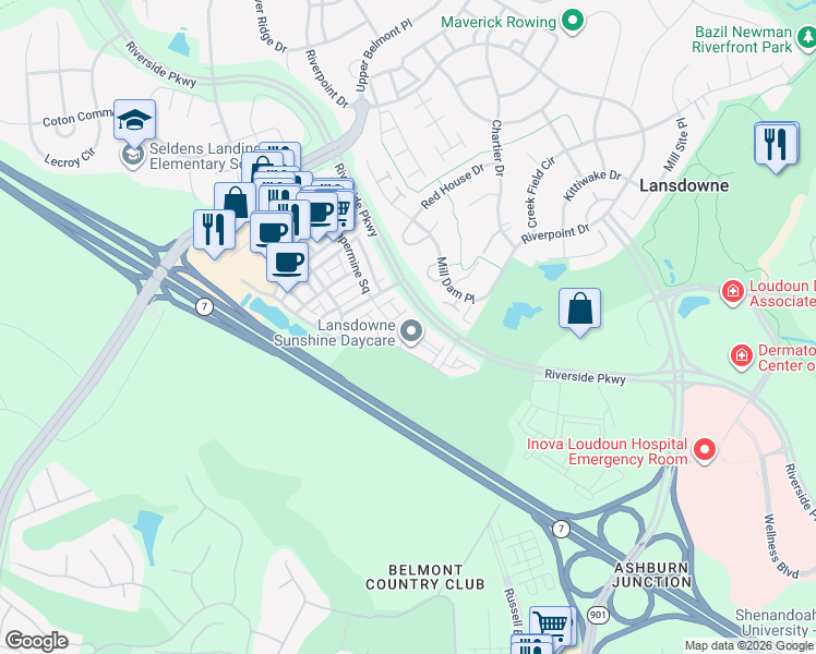 map of restaurants, bars, coffee shops, grocery stores, and more near 43656 Chicacoan Creek Square in Leesburg