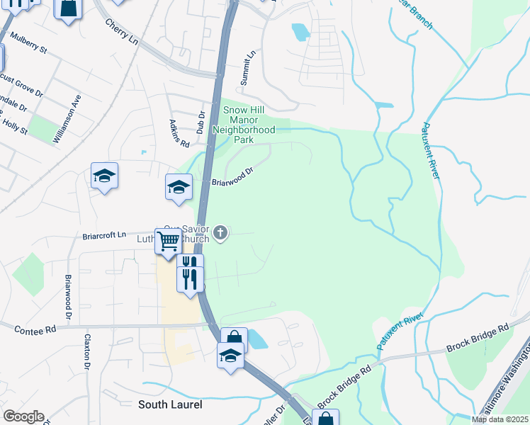 map of restaurants, bars, coffee shops, grocery stores, and more near 9010 Briarcroft Lane in Laurel