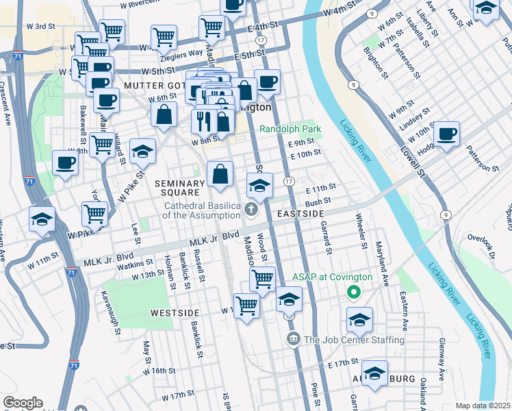 map of restaurants, bars, coffee shops, grocery stores, and more near 1110 Madison Avenue in Covington