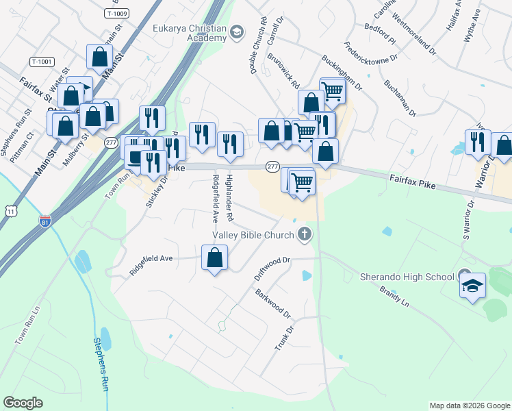map of restaurants, bars, coffee shops, grocery stores, and more near 380 Fairfax Pike in Stephens City