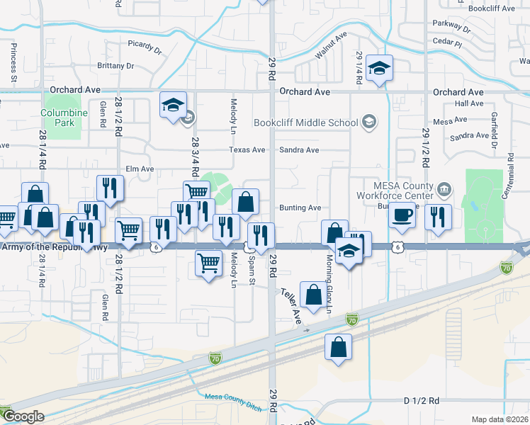 map of restaurants, bars, coffee shops, grocery stores, and more near 115 Epps Drive in Grand Junction