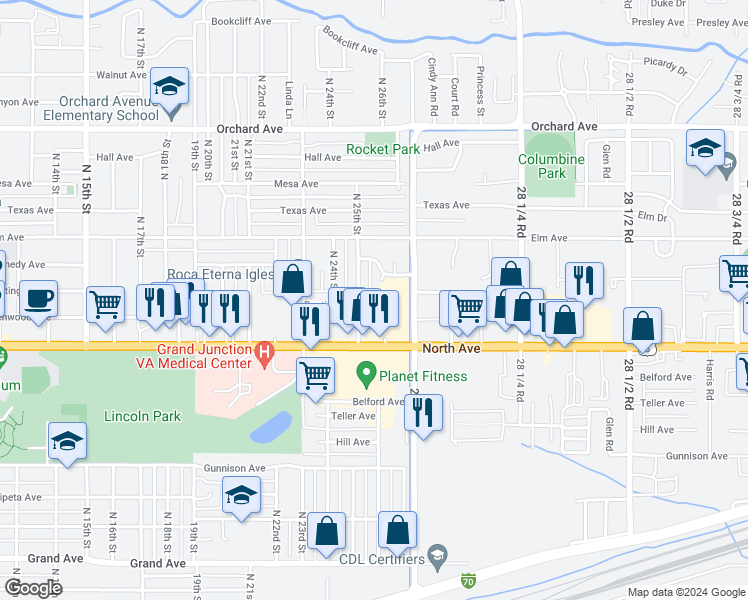 map of restaurants, bars, coffee shops, grocery stores, and more near 2601 Kennedy Court in Grand Junction