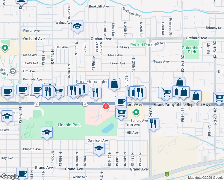 map of restaurants, bars, coffee shops, grocery stores, and more near 1333 North 23rd Street in Grand Junction