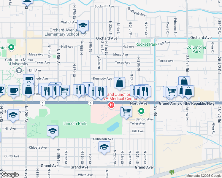 map of restaurants, bars, coffee shops, grocery stores, and more near 1343 North 22nd Street in Grand Junction