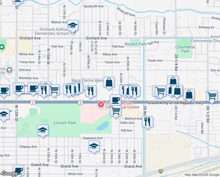 map of restaurants, bars, coffee shops, grocery stores, and more near 1231 North 23rd Street in Grand Junction