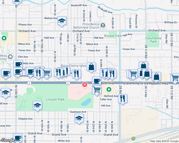 map of restaurants, bars, coffee shops, grocery stores, and more near 1333 North 23rd Street in Grand Junction