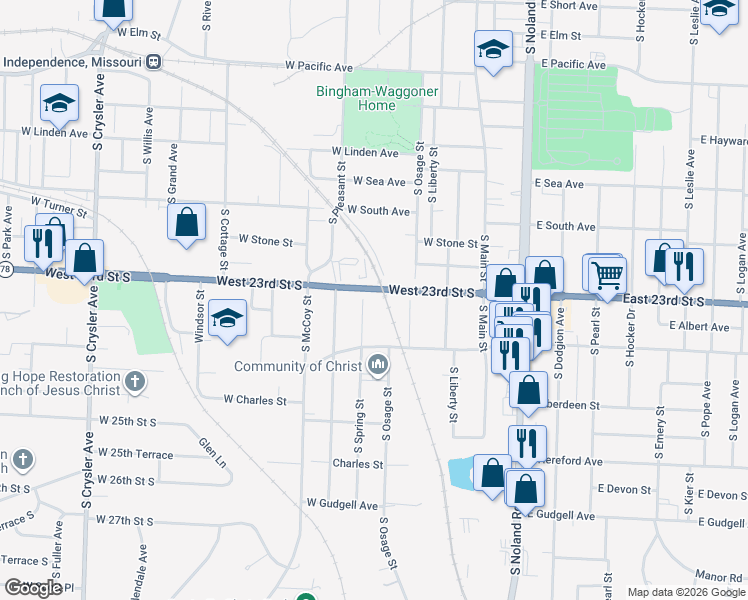 map of restaurants, bars, coffee shops, grocery stores, and more near 1117 South Pleasant Street in Independence