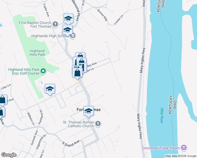 map of restaurants, bars, coffee shops, grocery stores, and more near 52 Montvale Court in Fort Thomas
