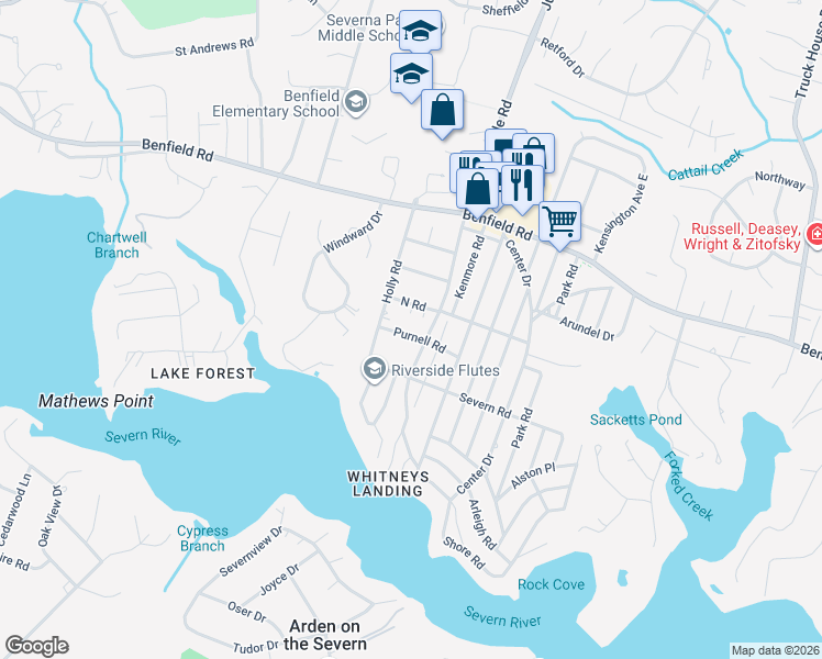 map of restaurants, bars, coffee shops, grocery stores, and more near 1304 Purnell Road in Severna Park