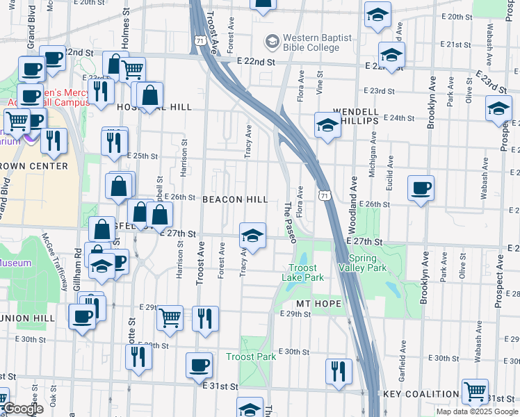 map of restaurants, bars, coffee shops, grocery stores, and more near 1310 East 26th Street in Kansas City