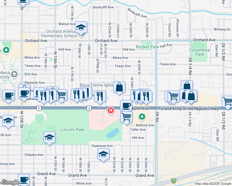 map of restaurants, bars, coffee shops, grocery stores, and more near 1229 North 23rd Street in Grand Junction