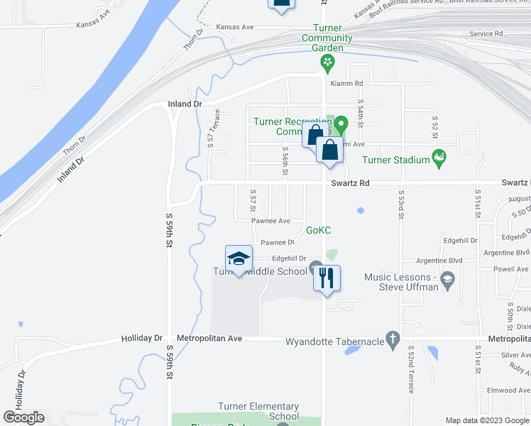 map of restaurants, bars, coffee shops, grocery stores, and more near 1036 South 56th Terrace in Kansas City