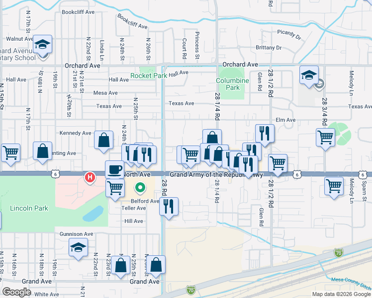 map of restaurants, bars, coffee shops, grocery stores, and more near 2810 Bunting Avenue in Grand Junction