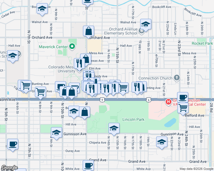 map of restaurants, bars, coffee shops, grocery stores, and more near 1402 Bunting Avenue in Grand Junction