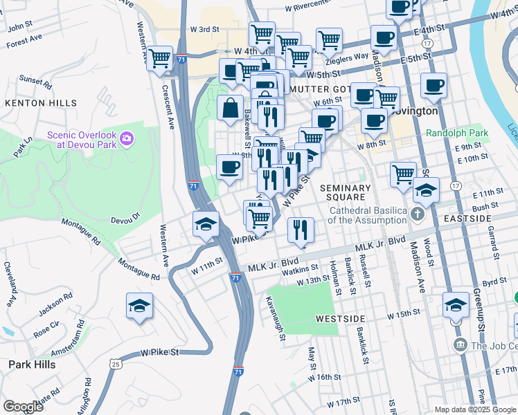 map of restaurants, bars, coffee shops, grocery stores, and more near 917 Main Street in Covington