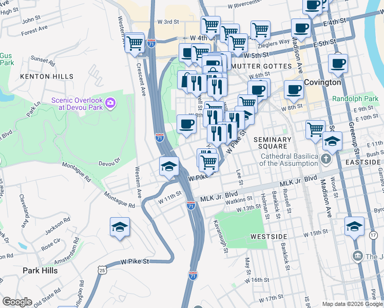 map of restaurants, bars, coffee shops, grocery stores, and more near 507 West 9th Street in Covington