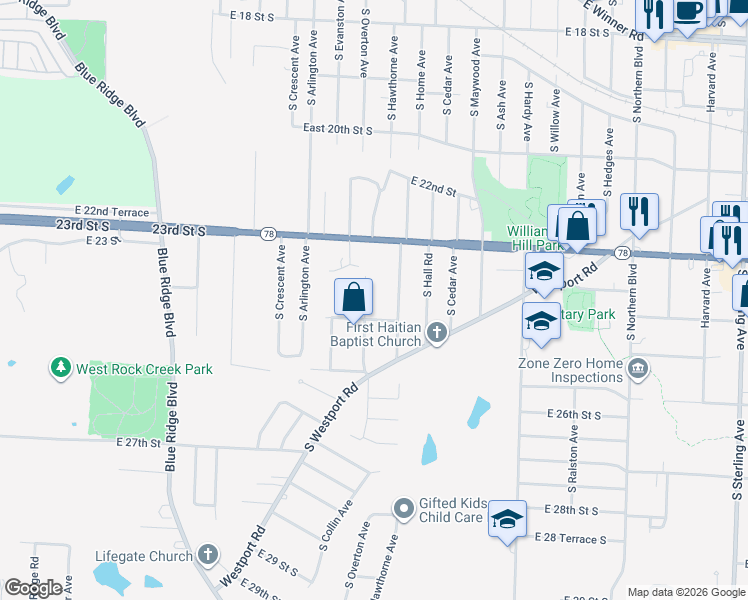 map of restaurants, bars, coffee shops, grocery stores, and more near 2410 South Overton Avenue in Independence