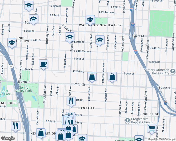 map of restaurants, bars, coffee shops, grocery stores, and more near 2528 Benton Boulevard in Kansas City