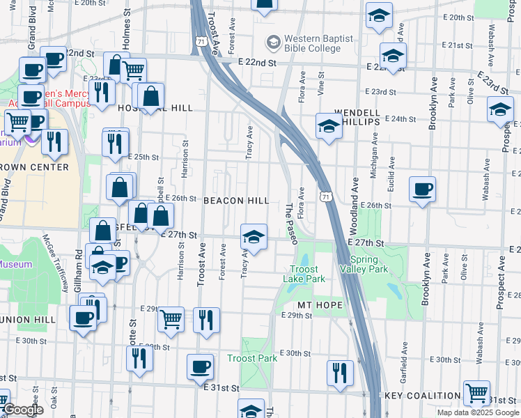 map of restaurants, bars, coffee shops, grocery stores, and more near 1310 East 26th Street in Kansas City