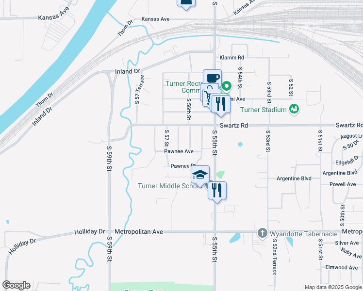 map of restaurants, bars, coffee shops, grocery stores, and more near 1026 South 56th Terrace in Kansas City