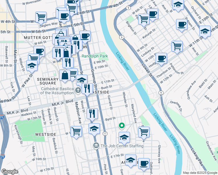 map of restaurants, bars, coffee shops, grocery stores, and more near 301 East 11th Street in Covington